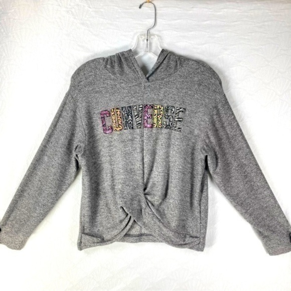 Converse Hoodie Girl’s Gray Soft Front-Tied Long Sleeve Mixed Print‎ Logo Large